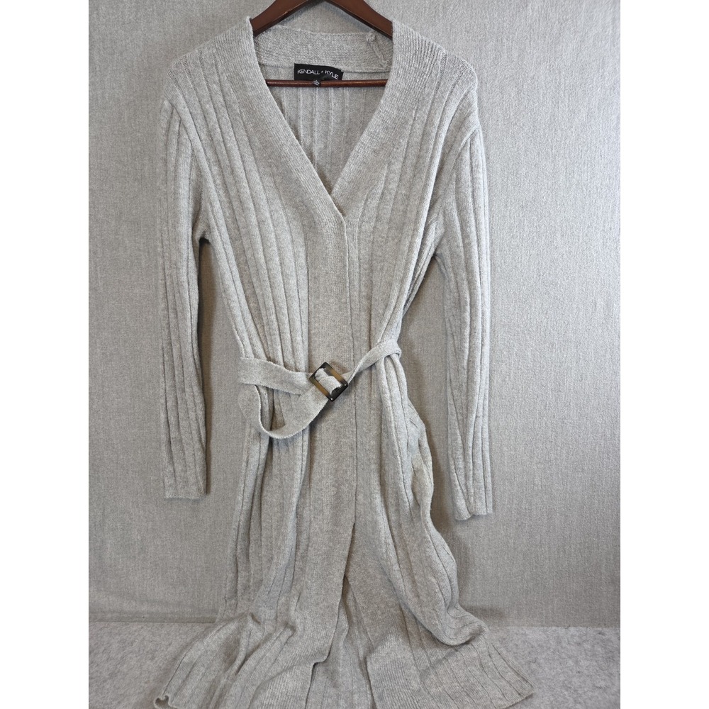 KENDALL + KYLIE Gray Sweater Dress L Pullover Belted Boho Preppy Deep V Neck Y2K